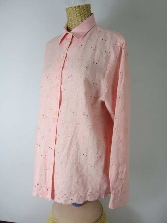 Ralph Lauren Womens Large Pink Linen Eyelet Embroidered Shirt Scallop Hem - Picture 7 of 14
